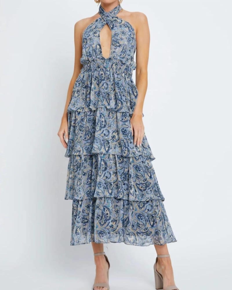 Front of a model wearing a size L Lulua Maxi Dress In Blue Tempera in Blue Tempera by Meet Me in Santorini. | dia_product_style_image_id:347784
